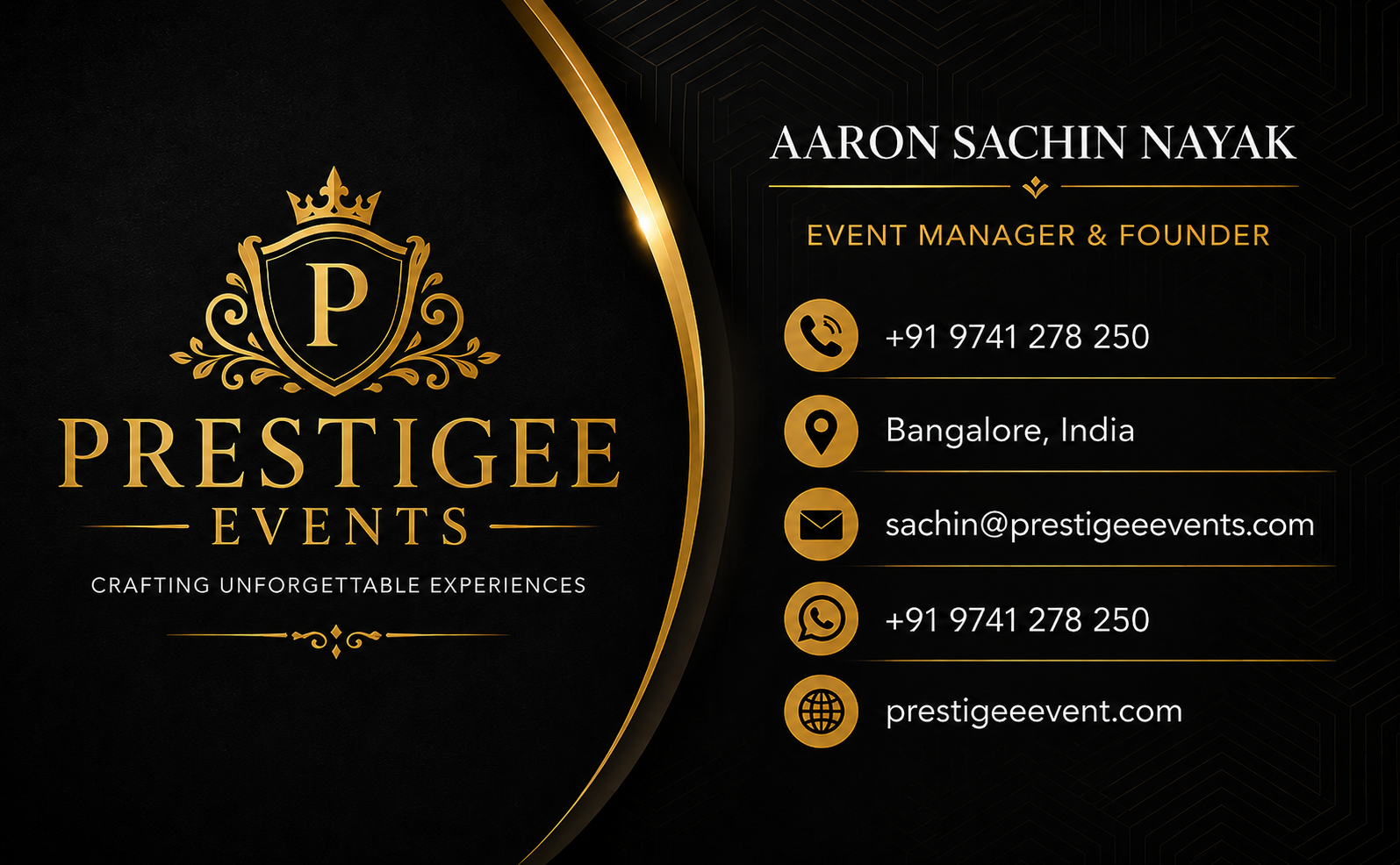 Prestigee Events business card front